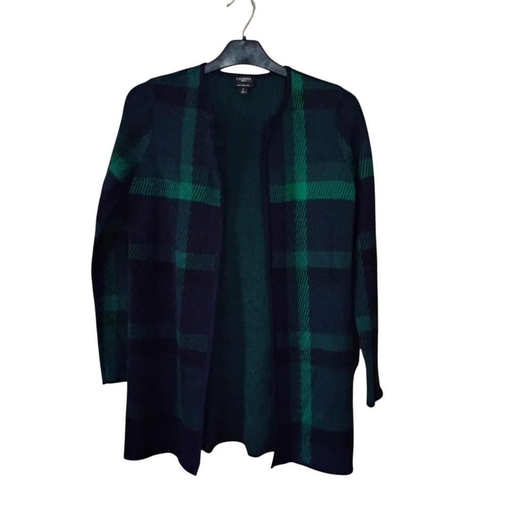 Talbots Petite Pure Merino Wool Plaid Open Front Cardigan Navy Green P Small
